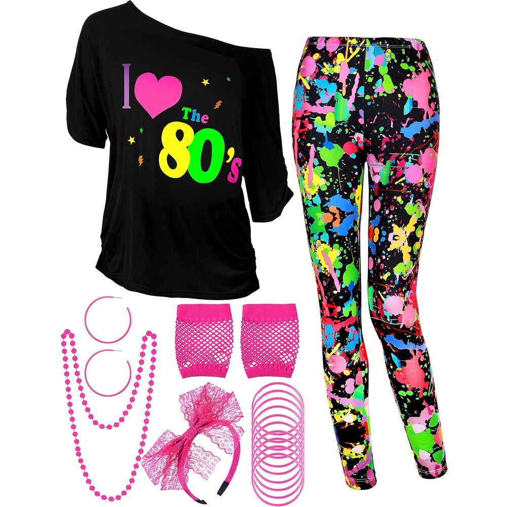 8712 80s Costume Set, T Shirt, Legging Pants Earring Necklace